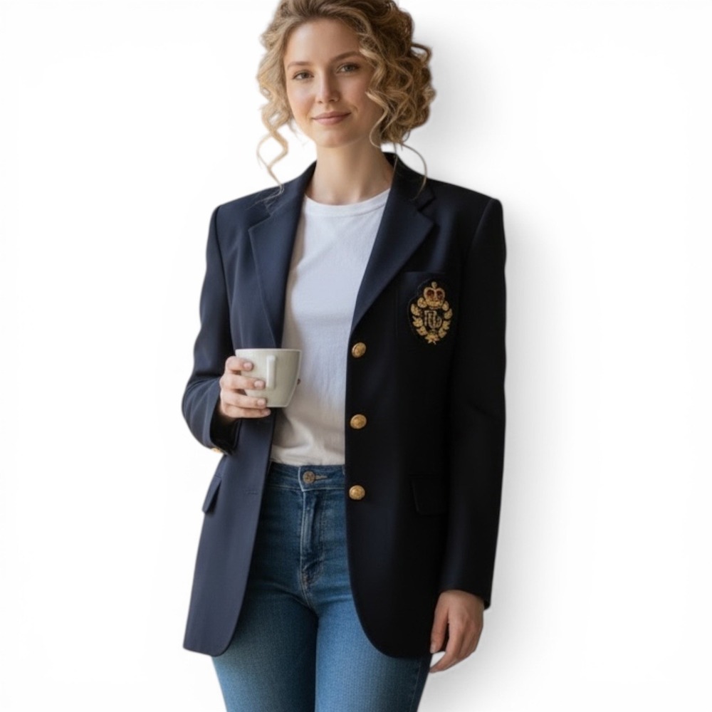 Lauren Ralph Lauren Vintage Navy Skirt Suit Blazer Crest Buttons Sz 8 USA Made
